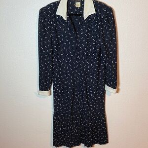 Vintage Jenny Navy Collared Bow Print Dress Drop Waist Pleated Size 12